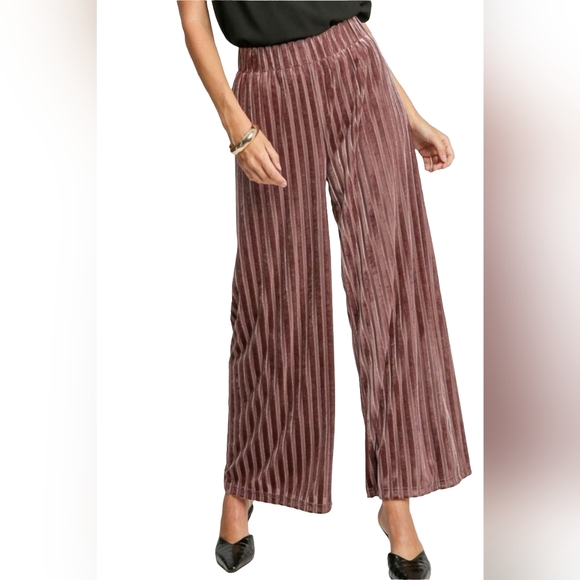 Umgee Velvet High-Rise Retro Pants Wide Leg Boho Metallic Stripe Elastic Waist - Picture 6 of 12